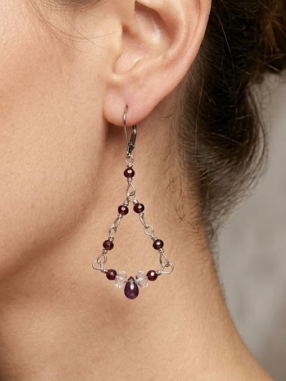 Handcrafted Sterling Silver Garnet Crystal Quartz Earrings OOAK NWT Elegant Drop